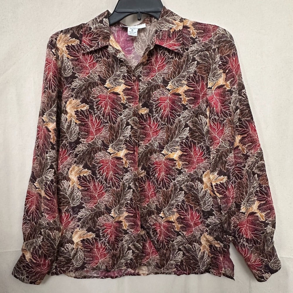 Petite Sophisticate‎ 100% Silk Button Up Blouse Petite SP Brown Fall Fairy Vtg